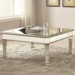 Benzara Mirrored Transitional Style Wooden Coffee Table With Beveled Edges, Silver BM184922 Silver Wood/Mirror BM184922