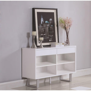 Benzara Contemporary Wooden Sofa Table With Metallic Base, Glossy White BM184967 White Wood/Metal BM184967