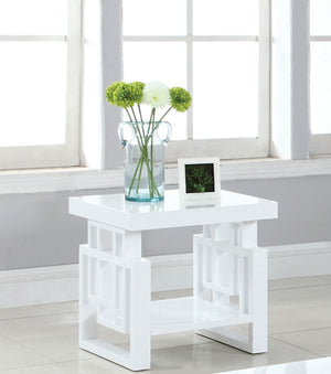 Benzara Contemporary Wooden End Table With Designer Sides & Shelf, Glossy White BM184968 White Wood BM184968