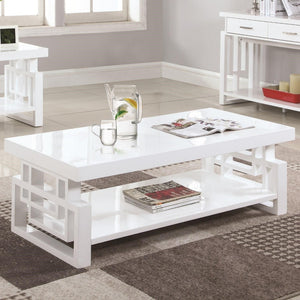 Benzara Contemporary Wooden Coffee End Table With Designer Sides & Shelf, Glossy White BM184969 White Wood BM184969