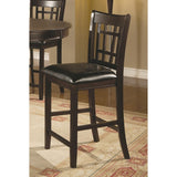 Benzara Lattice Back 24" Wooden Counter Height Chair with Leatherette Seat, Set of 2, Brown and Black  BM185284 Brown and Black  Wood Faux Leather BM185284