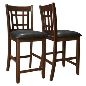 Benzara Lattice Back 24" Wooden Counter Height Chair with Leatherette Seat, Set of 2, Brown and Black  BM185284 Brown and Black  Wood Faux Leather BM185284