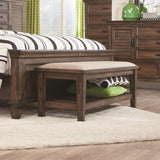 Benzara Transitional Style Wooden Bed Bench with Fabric Upholstered Seat, Brown BM185304 Brown Wood Fabric BM185304