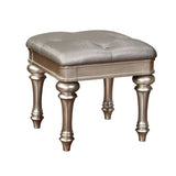 Benzara Wooden Vanity Stool with Turned Legs and Leatherette Upholstered Seat, Silver BM185318 Silver Wood Faux Leather BM185318