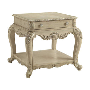 Benzara Wooden End Table With One Drawer And Bottom Shelf, Antique White BM185328 White Wood Veneer Engineered Wood And Metal BM185328