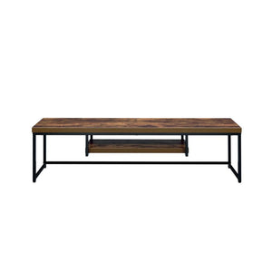 Benzara Rectangular Wood And Metal TV Stand With One Shelf, Brown And Black BM185342 Brown, Black Metal Wood Veneer (Paper) And  Engineered Wood BM185342