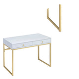 Benzara 2 Drawer Wooden Desk with Sled Base, White and Gold BM185350 White, Gold Solid wood, Metal, Veneer BM185350