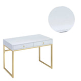 Benzara 2 Drawer Wooden Desk with Sled Base, White and Gold BM185350 White, Gold Solid wood, Metal, Veneer BM185350