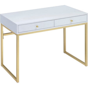 Benzara 2 Drawer Wooden Desk with Sled Base, White and Gold BM185350 White, Gold Solid wood, Metal, Veneer BM185350