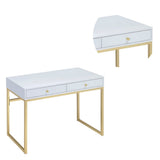 Benzara 2 Drawer Wooden Desk with Sled Base, White and Gold BM185350 White, Gold Solid wood, Metal, Veneer BM185350