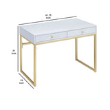 Benzara 2 Drawer Wooden Desk with Sled Base, White and Gold BM185350 White, Gold Solid wood, Metal, Veneer BM185350