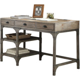 Benzara Wooden and Metal Desk With Three Drawers and 2 Side Shelves, Brown And Gray BM185351 Brown and Gray Solid Wood, Metal and Veneer BM185351