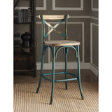 Benzara Metal Bar Height Chair with X Shaped Open Back, Distressed Blue and Brown BM185392 Blue and Brown Solid Wood and Metal BM185392