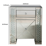 Benzara 2 Drawer End Table with Mirror Panels and Faux Crystal Inserts, Silver BM185406 Silver Wood, Mirror and Faux Crystals BM185406