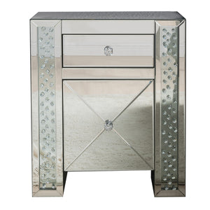 Benzara 2 Drawer End Table with Mirror Panels and Faux Crystal Inserts, Silver BM185406 Silver Wood, Mirror and Faux Crystals BM185406