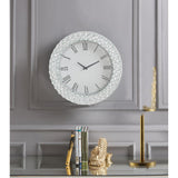 Round Wall Clock with Mirror Trim and Faux Crystal Inlay, White and Clear