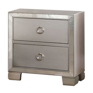 Benzara Two Drawer Nightstand With Mirror Insert Front Trim, Platinum BM185423 Gray Wood Mirror Metal BM185423