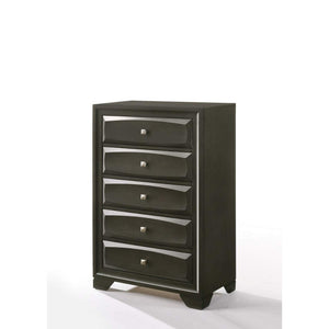 Benzara Five Drawer Chest With Brushed Nickel Accent And Chamfered Legs, Antique Gray BM185467 Gray Wood BM185467