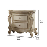 Benzara Two Drawer Nightstand With Carved Details And Cabriole Legs, Antique Pearl BM185474 White Wood, Poly Resin BM185474