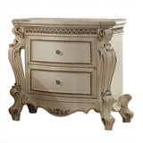 Benzara Two Drawer Nightstand With Carved Details And Cabriole Legs, Antique Pearl BM185474 White Wood, Poly Resin BM185474