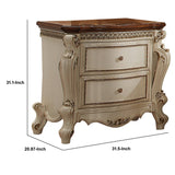 Benzara Two Drawer Nightstand With Cabriole Legs, Antique Pearl & Cherry Oak BM185477 White, Brown Wood, Poly Resin BM185477