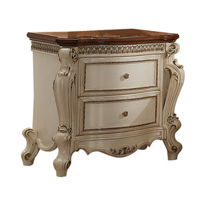 Benzara Two Drawer Nightstand With Cabriole Legs, Antique Pearl & Cherry Oak BM185477 White, Brown Wood, Poly Resin BM185477