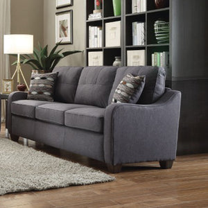 Benzara Contemporary Linen Upholstered Wooden Sofa with Two Pillows, Gray BM185580 Gray Linen Fabric Wood And Plastic BM185580