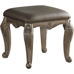 Benzara Traditional Style Wood and Leatherette Vanity Stool with Padded Seat, Beige BM185697 Beige Wood Polyurethane and Poly Resin BM185697