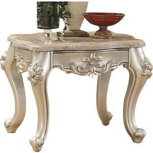 Benzara Marble Top End Table With Flower Motif Engraved Angular Wood Feet, Silver BM185780 Silver Marble BM185780