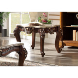 Benzara Square Marble Top End Table With Carved Floral Motifs Wooden Feet, Brown BM185783 Brown Marble Wood BM185783