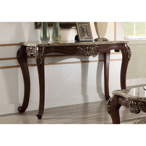 Benzara Marble Top Sofa Table With Carved Floral Motifs Wooden Feet, Brown BM185784 Brown Marble Wood BM185784