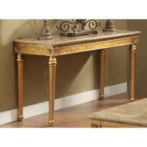 Benzara Marble Top Sofa Table With Fluted Detail Wooden Turned Legs, Gold BM185786 Gold Marble BM185786