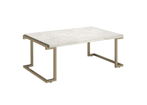 Benzara Faux Marble Top Coffee Table With Metal Base, White And Gold BM185797 White, Gold Marble and Metal BM185797