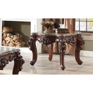 Benzara Scalloped Marble Top End Table With Carved Floral Motifs, Walnut Brown BM185806 Brown Wood Marble BM185806