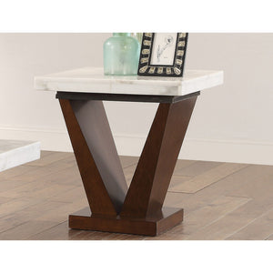 Benzara Marble Top End Table with V Shaped Wooden Base, White And Brown BM185809 White and Brown Solid Wood and Marble BM185809