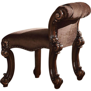 Benzara Rolled Back Fabric Vanity Stool with Scroll Legs, Brown BM185888 Brown Solid wood, Fabric BM185888