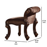 Benzara Rolled Back Fabric Vanity Stool with Scroll Legs, Brown BM185888 Brown Solid wood, Fabric BM185888