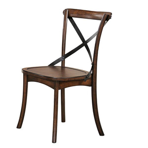 Benzara Wooden Side Chair with Metal Crosspiece Back, Set of 2, Brown BM186225 Brown Solid wood, Engineered wood, Metal, Veneer BM186225