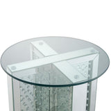 Benzara 23  Inch Round Mirrored End Table with Glass Top, Silver BM186246 Silver Mirror, Glass and Metal BM186246