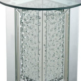 Benzara 23  Inch Round Mirrored End Table with Glass Top, Silver BM186246 Silver Mirror, Glass and Metal BM186246