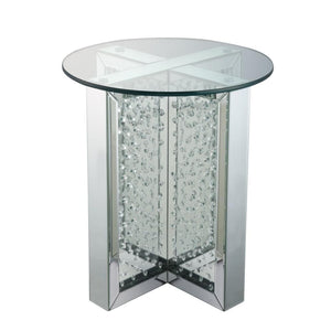 Benzara 23  Inch Round Mirrored End Table with Glass Top, Silver BM186246 Silver Mirror, Glass and Metal BM186246