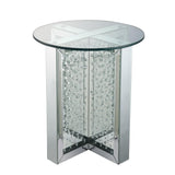 Benzara 23  Inch Round Mirrored End Table with Glass Top, Silver BM186246 Silver Mirror, Glass and Metal BM186246