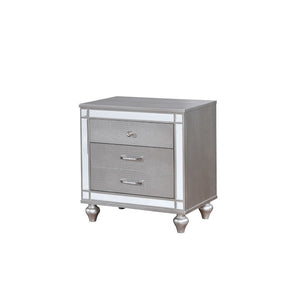 Benzara Three Drawer Solid Wood Nightstand with Mirror Accent Trim Front, Silver BM186381 Silver Solid Wood Wood Veneer Mirror BM186381