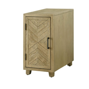 Benzara Solid Wood One Door Side Table with Metal Bar Handle, Light Oak Brown BM186409 Brown Solid Wood Wood Veneer BM186409