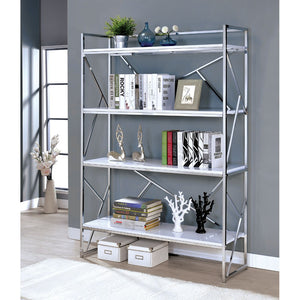 Benzara Four Shelf Metal Bookcase with Geometric Sides And Back Design, White and Silver BM186423 White and Silver Metal BM186423