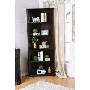 Benzara Five Shelves Solid Woodecorner Bookshelf, Dark Walnut Brown BM186430 Brown Solid Wood Wood Veneer BM186430