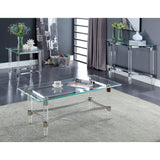 Benzara Contemporary Style Glass Top Rectangular Coffee Table with Acrylic Legs, Silver and Clear BM187129 Silver and Clear Glass Acrylic and Metal BM187129