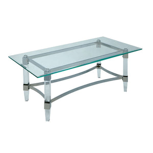 Benzara Contemporary Style Glass Top Rectangular Coffee Table with Acrylic Legs, Silver and Clear BM187129 Silver and Clear Glass Acrylic and Metal BM187129