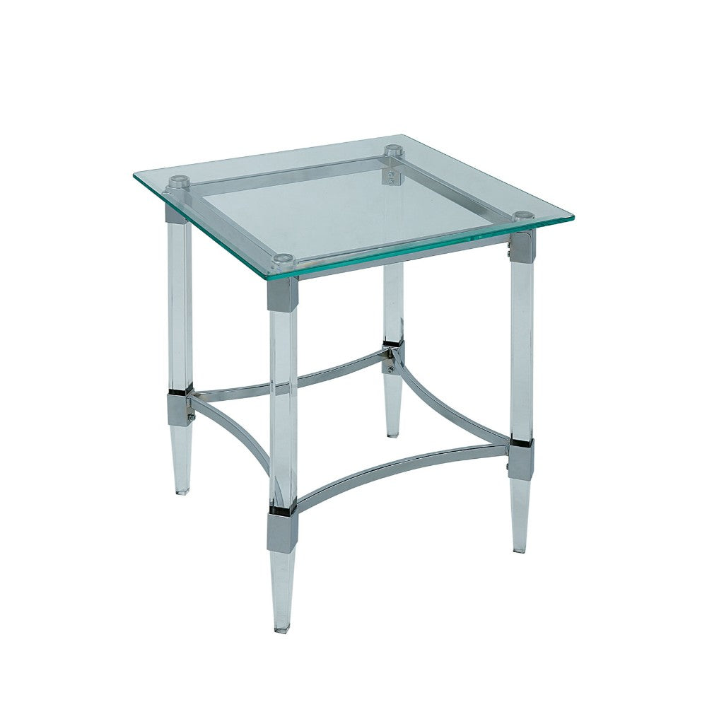 Contemporary Style Glass Top Square End Table with Acrylic Legs, Silve