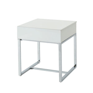 Benzara Square Shape Wooden End Table with One Drawers and Metal Base, White and Silver BM187133 Silver Wood and Metal BM187133